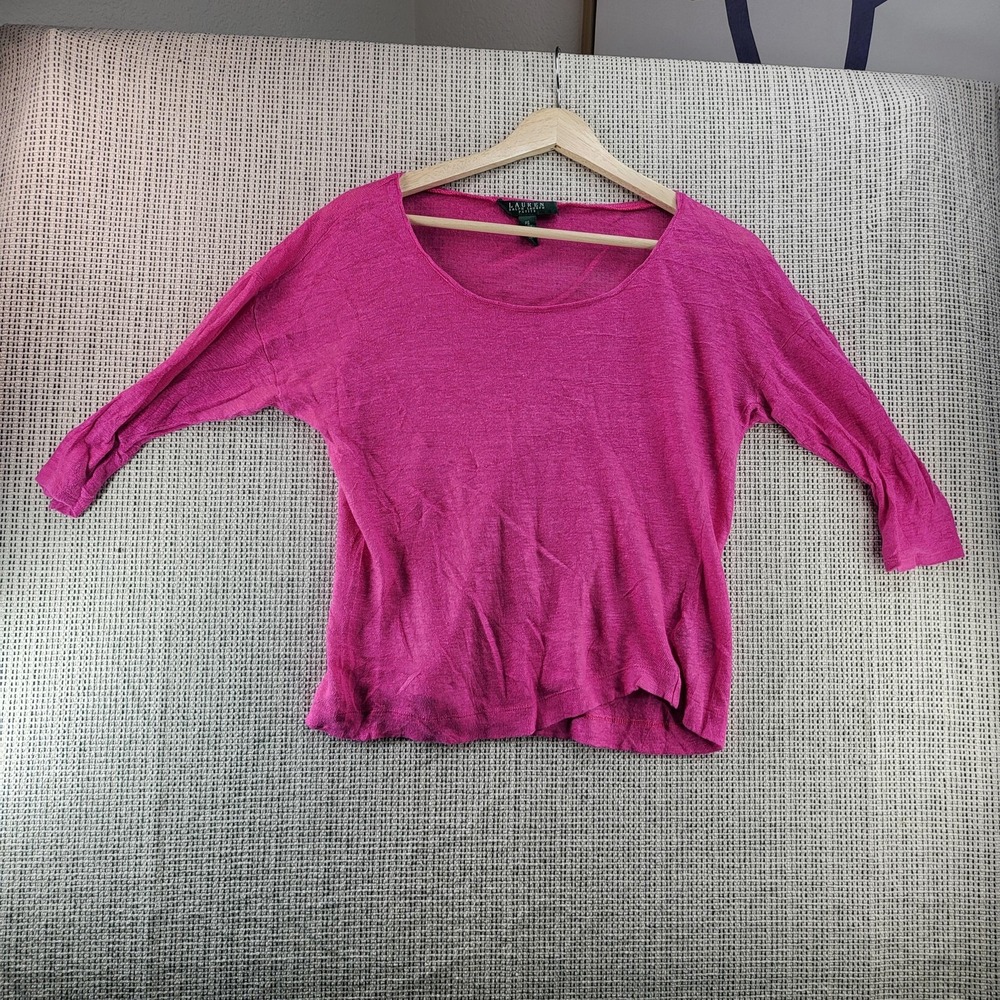 Lauren Ralph Lauren Sweater Womens Petite Small Pink Linen 3/4 Sleeve Pullover